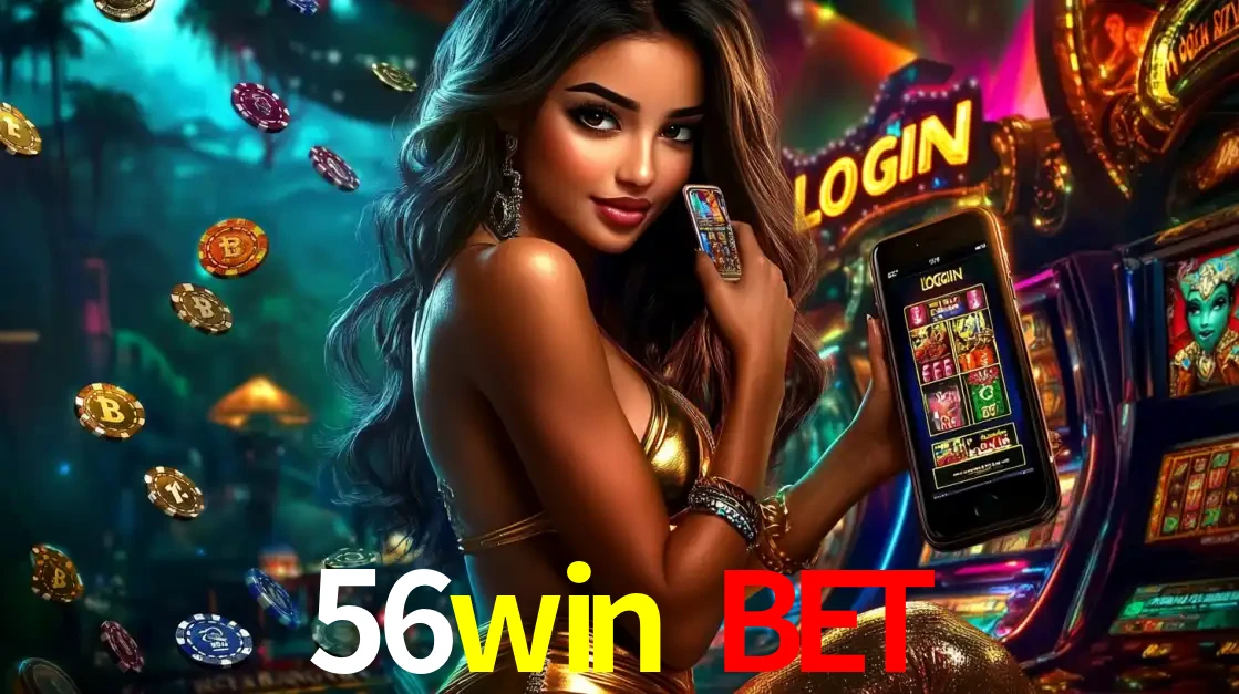 Mulher em um cenário de cassino temático de aventura, mostrando o app de caça-níqueis da 56win bet no celular. Fichas de apostas flutuam ao redor.
