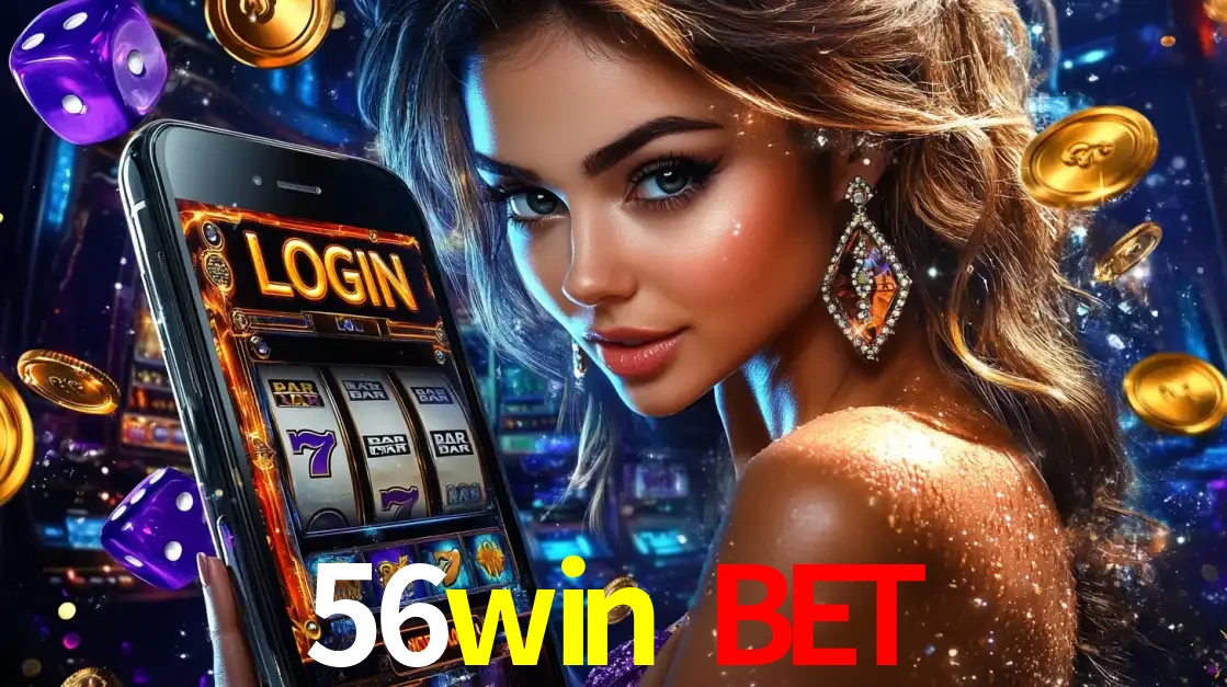Mulher glamorosa segurando um smartphone com a tela de login para os jogos de caça-níqueis do cassino online 56win bet, com moedas de ouro e dados ao redor.