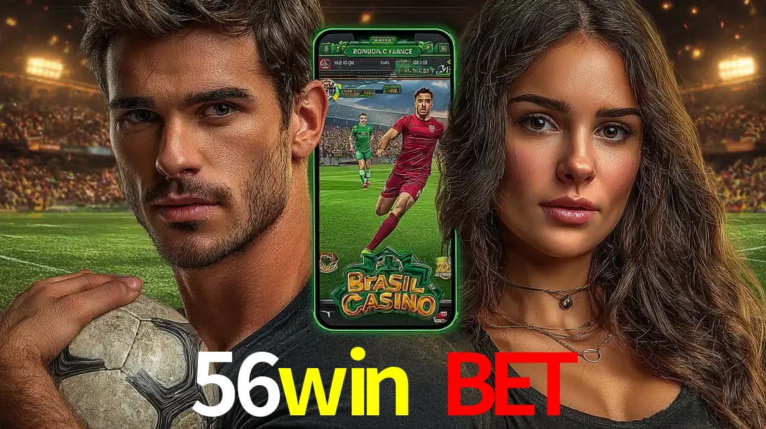 Homem segurando uma bola de futebol e uma mulher ao lado de um smartphone exibindo o jogo de apostas esportivas da 56win bet. Faça seu palpite no cassino online.